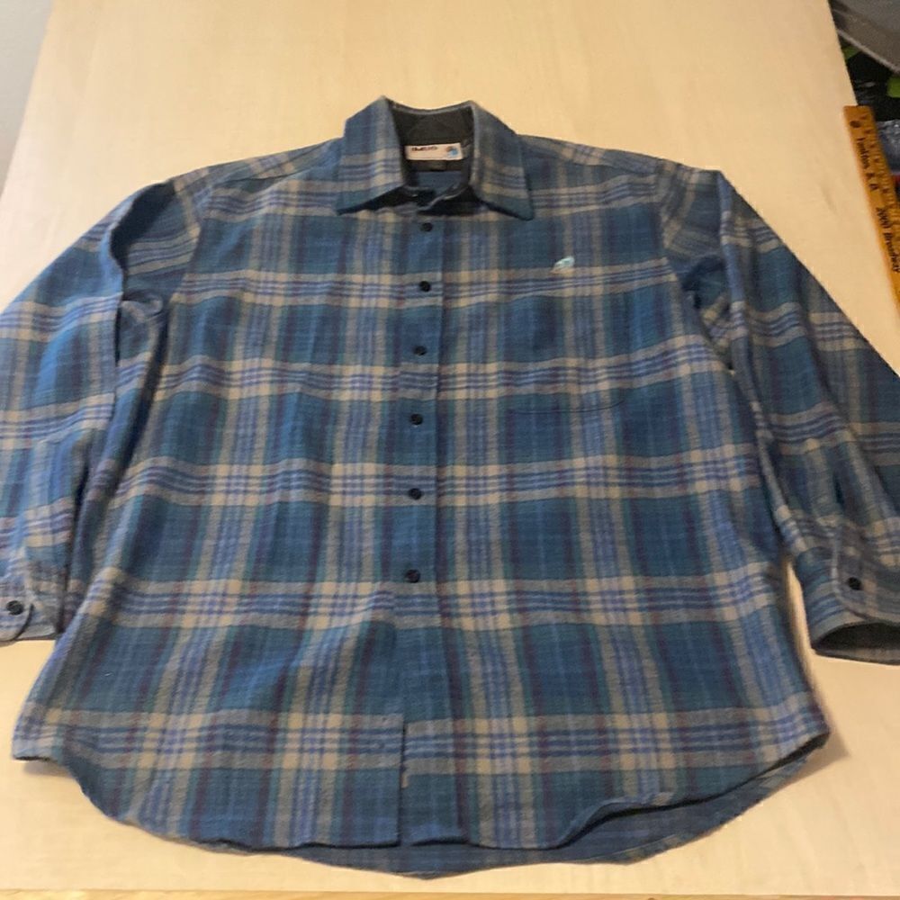 Vintage Imus plaid long sleeve Flannel button down Made in USA size L Green/Blue